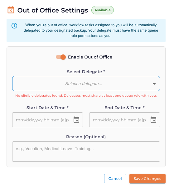 Out of Office Settings
